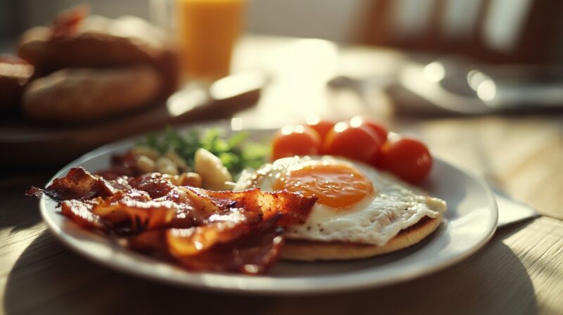 egg, fresh cherry tomatoes, and greens, with a blurred background