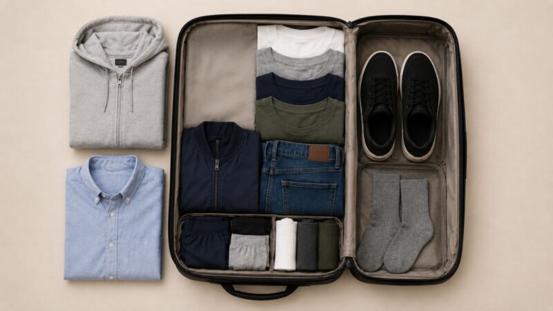 A neatly packed suitcase with travel clothes arranged for a minimalist trip